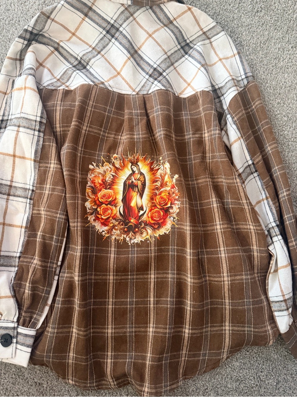 Plaid Brown & Cream womens Flannel Shirt with Floral Graphic